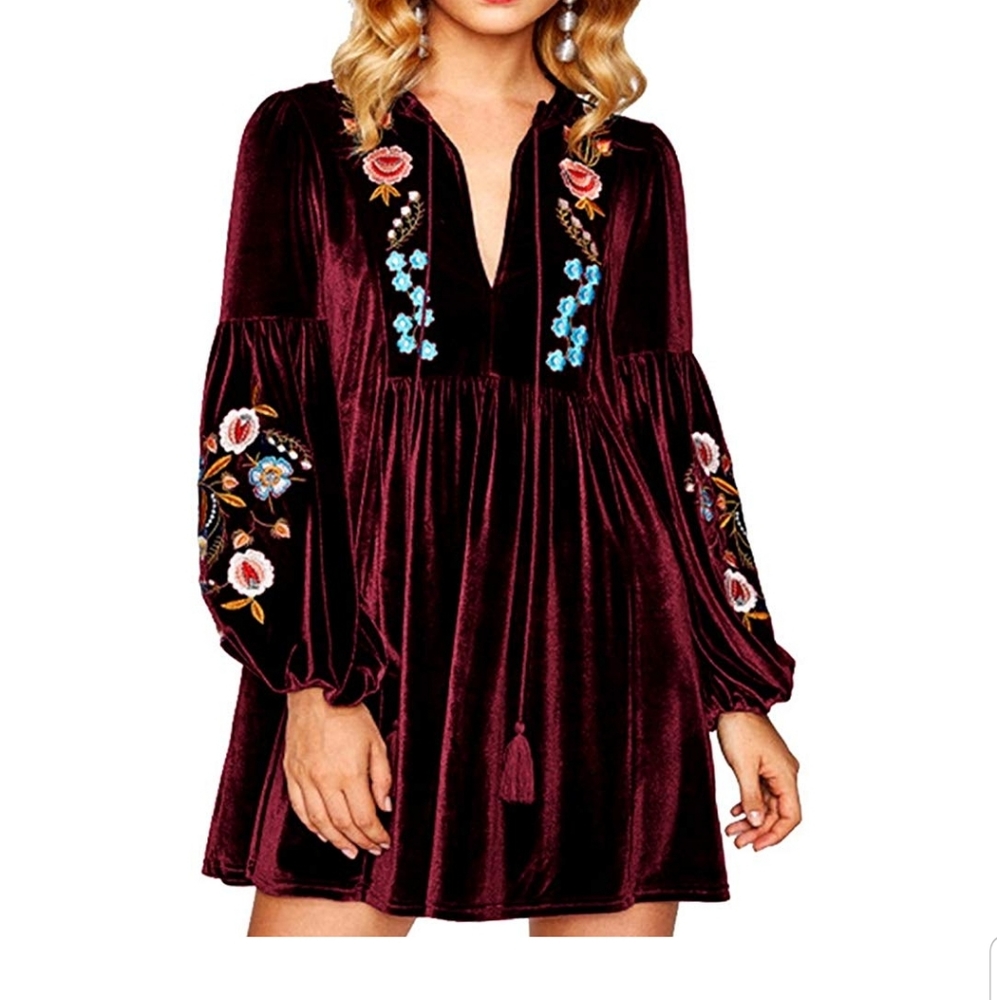 Wine/ Burgundy Velvet Embroidered Dress